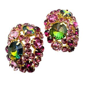 Oversized Pink Rhinestone Rivoli Gold Tone Earrings Pierced Chandelier Statement